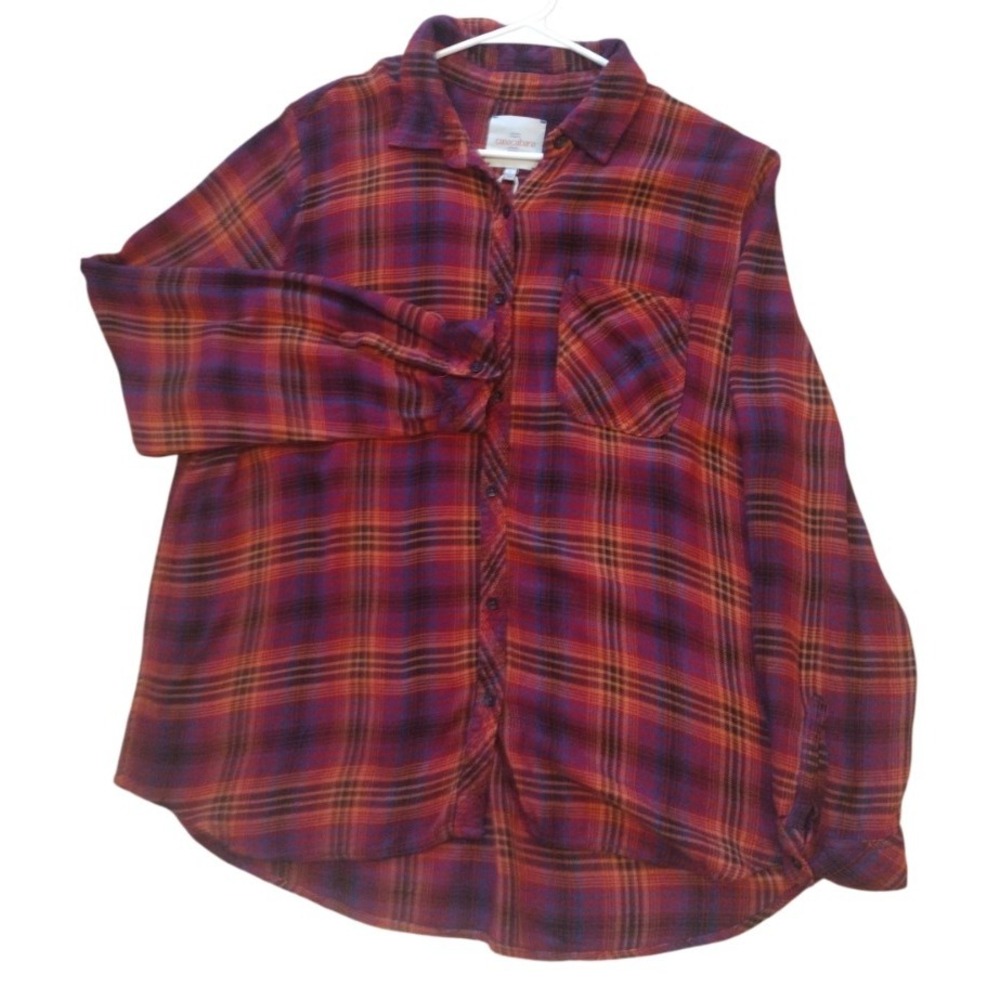 Casa Cabana Button Down Shirt‎ Woman XL Brown Orange Plaid 100% Rayon Long Slvs